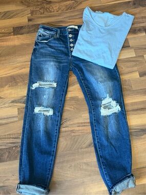 KanCan Distressed Dark Blue Boyfriend Jeans with Button-Fly